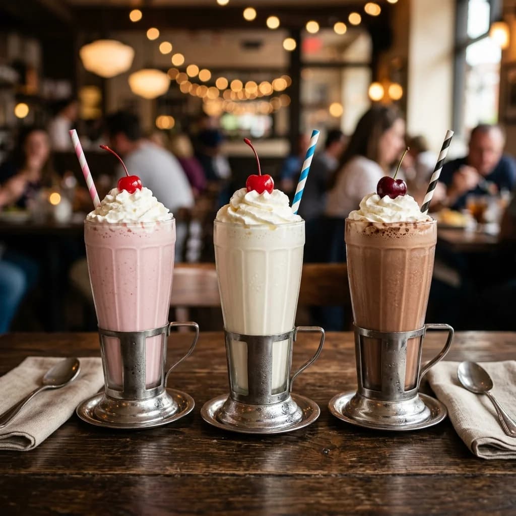 Three premium hand-spun milkshakes with whipped cream, served on a dark gray slate platter.