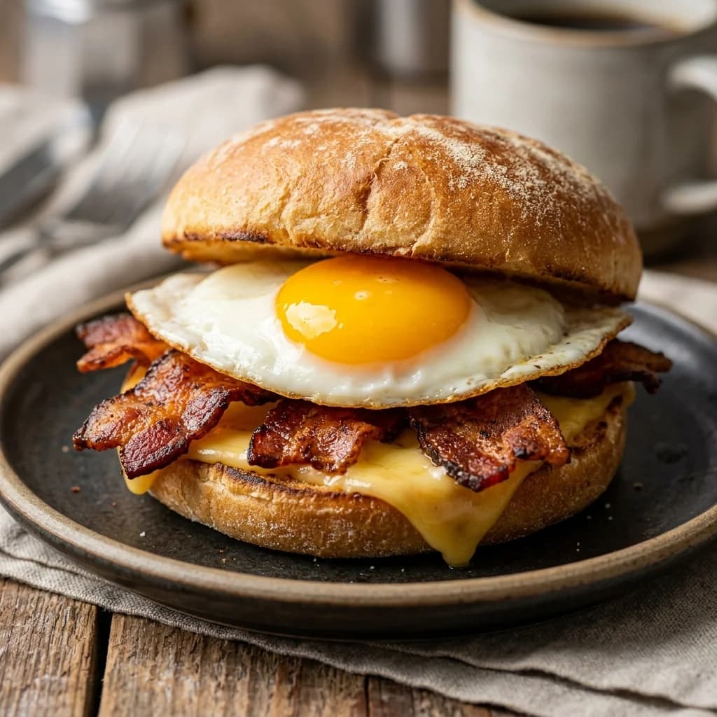 Crispy applewood smoked bacon, a griddled cage-free egg, and melted American cheese on a signature toasted potato bun, served on a slate platter.