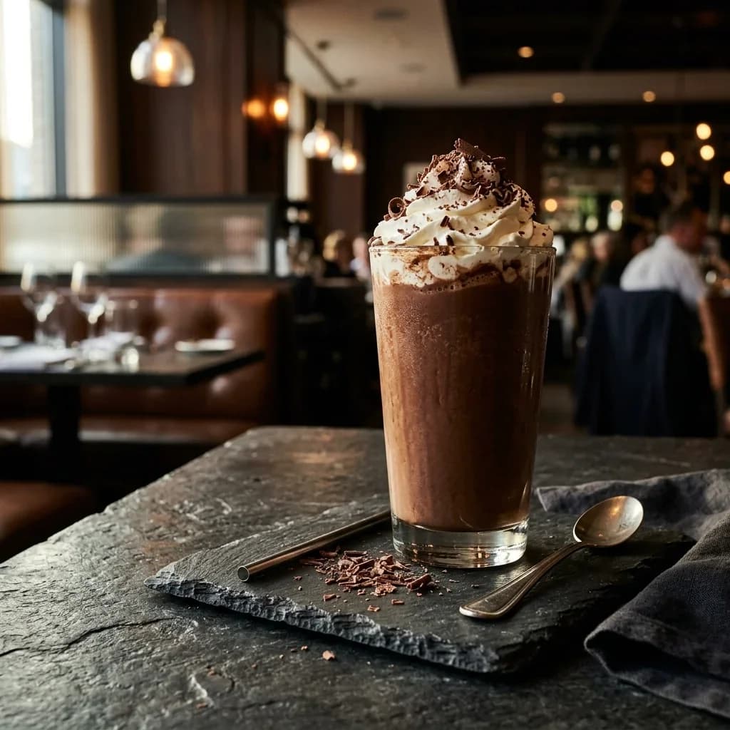 A steaming ceramic mug of hot black organic drip coffee with rich crema, placed on a textured dark slate table.