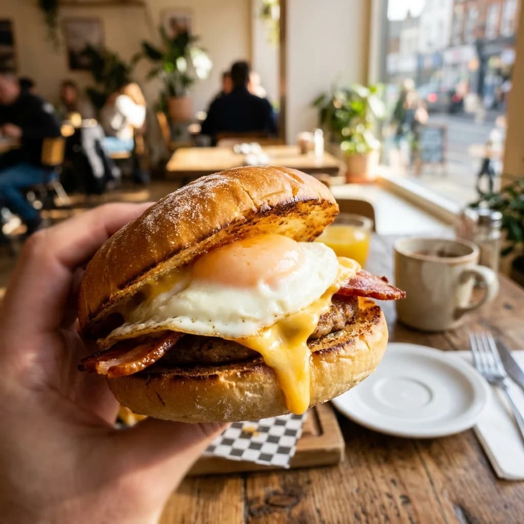A griddled cage-free egg and melted American cheese on a butter-toasted potato bun, presented on a dark gray slate platter.