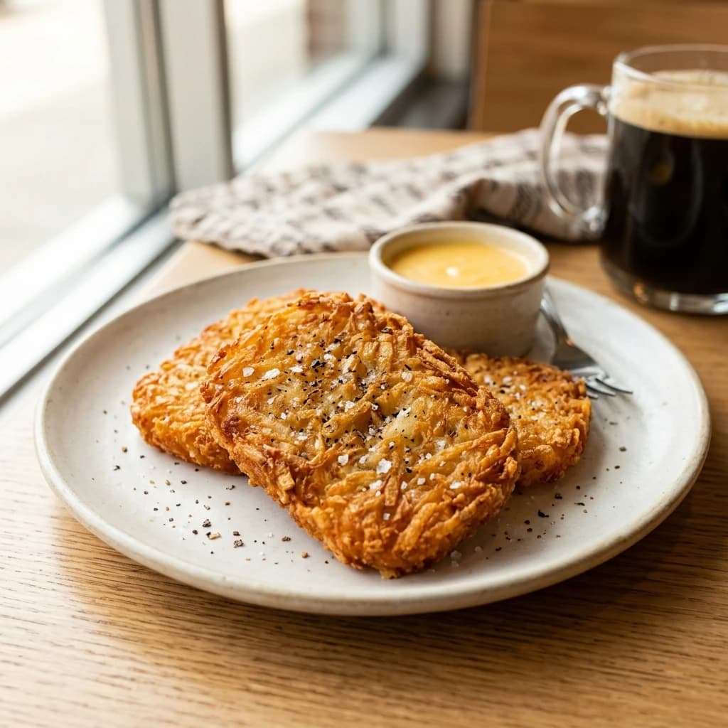A stack of golden, crispy crinkle-cut shredded potato hash brown patties on a premium dark slate platter.