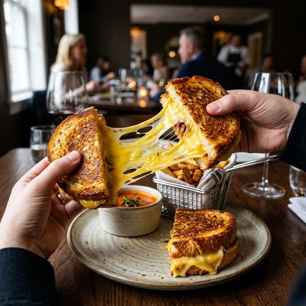 Gooey melted American cheese griddled inside toasted potato bun halves, sliced in half and served on a dark gray slate.