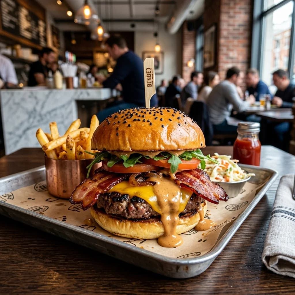 A griddled cheeseburger topped with crisp bacon and creamy peanut butter sauce, served on a premium dark gray slate platter.