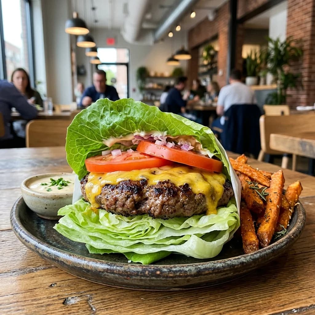 A low-carb, keto-friendly burger wrapped in crisp green leaf lettuce instead of a bun, presented on a dark slate platter.