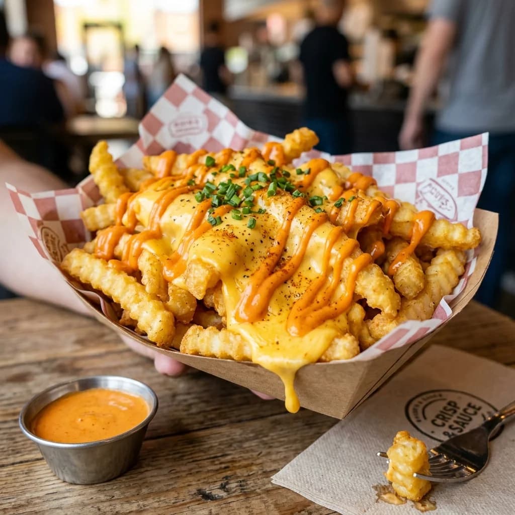 Crispy crinkle-cut fries loaded with signature warm cheese sauce and drizzled with orange ShackSauce, presented on a dark gray slate.