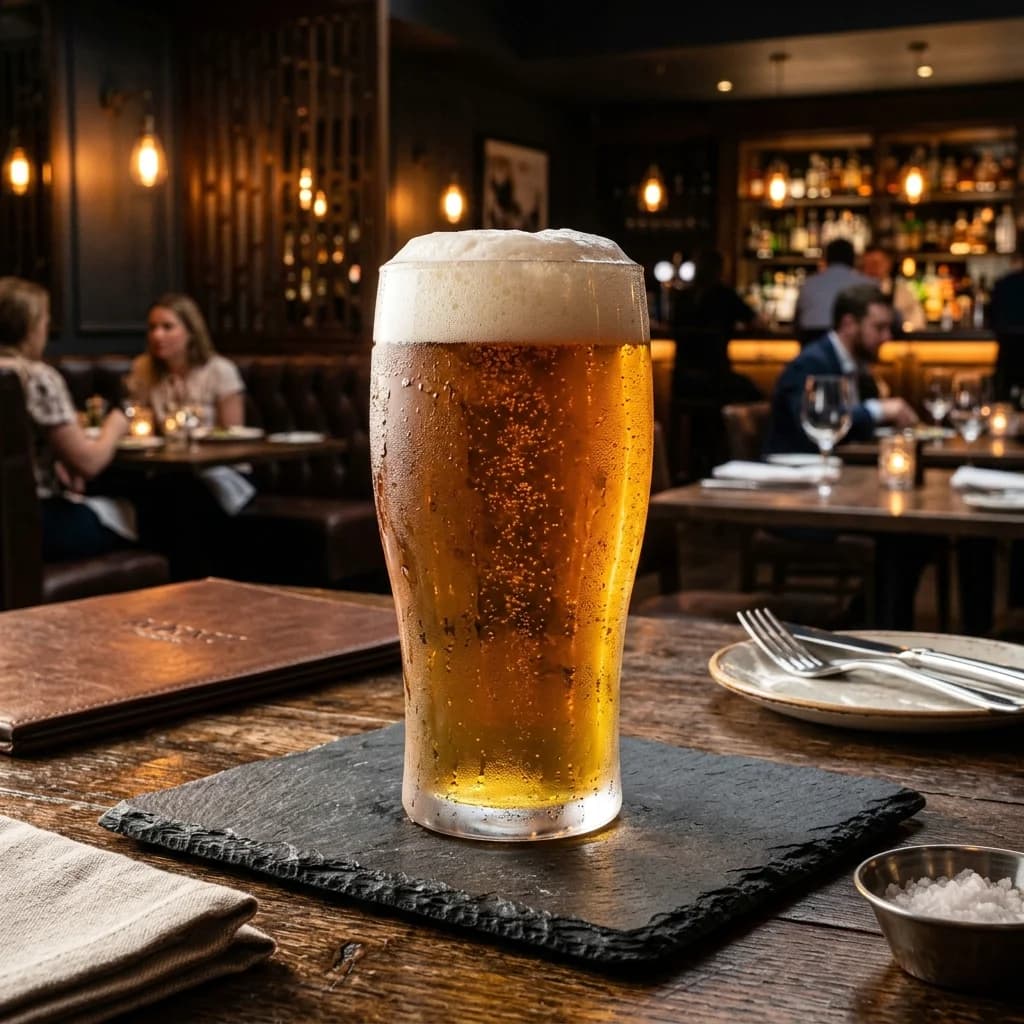 A tall pint of cold, golden-amber craft pale ale with thick white foam head, served next to fresh lemonade details.