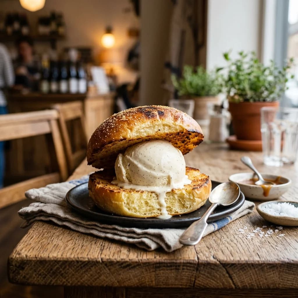 A griddled sweet potato bun split and filled with a thick scoop of vanilla frozen custard, melting slightly.