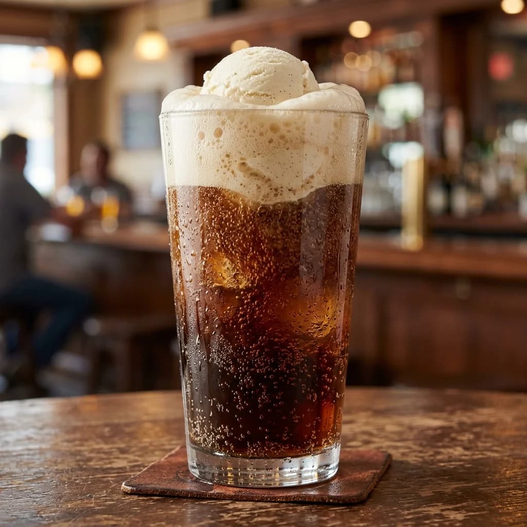 A tall glass of dark, fizzy root beer with a dense scoop of vanilla frozen custard floating on top.